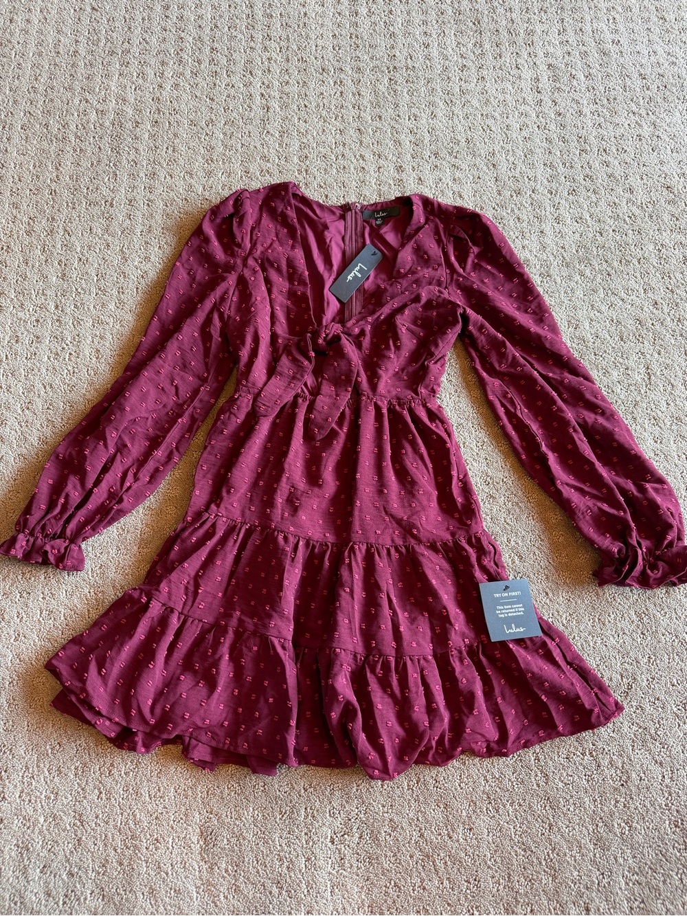(NWT) Lulus Burgundy Long-Sleeve Ruffle Dress
